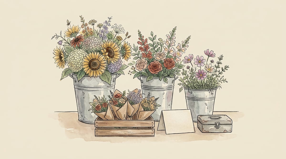 A farm stand table set up for selling flowers: three galvanised buckets of bouquets at different sizes, small kraft-paper wrapped posies in a shallow crate, a blank folded card tent and a cash tin