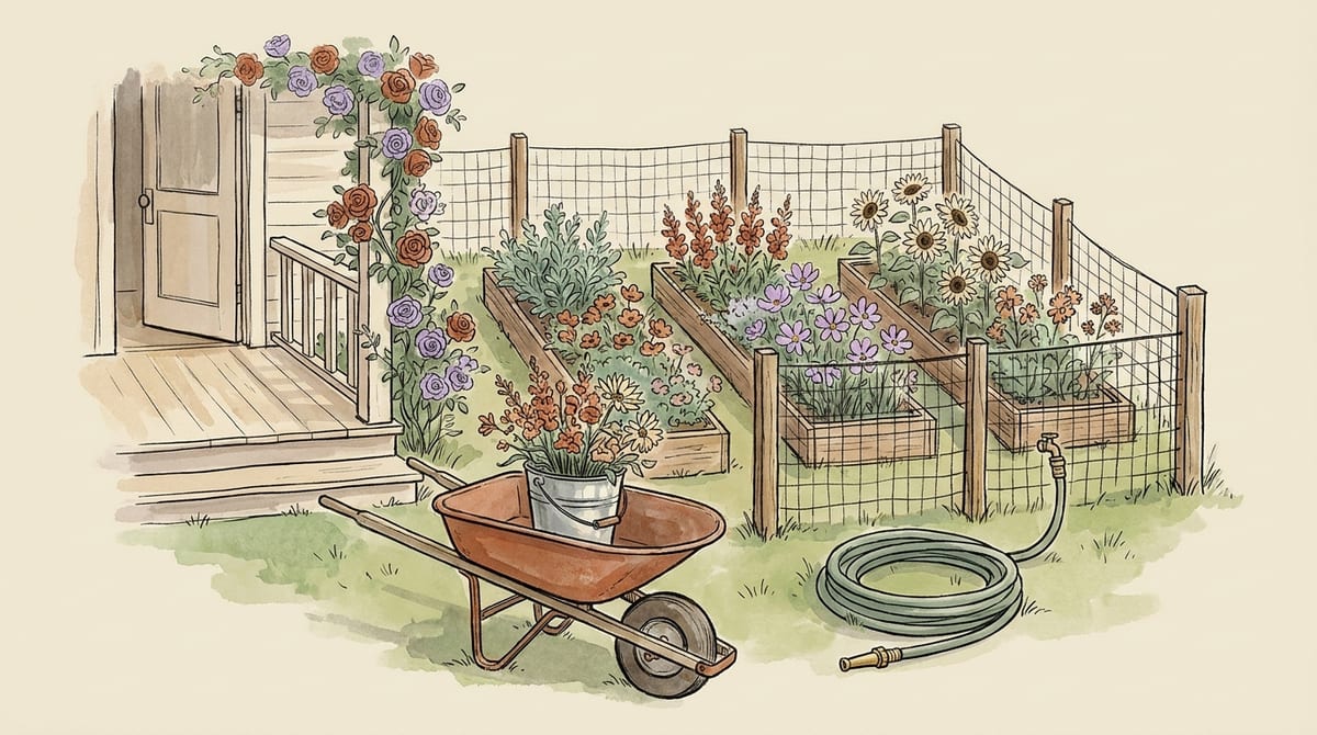 A small backyard cutting patch: three narrow raised rows of mixed flowers behind a wire fence, a wheelbarrow holding a bucket of stems, a coiled hose on the grass, and a house porch at the edge of the frame