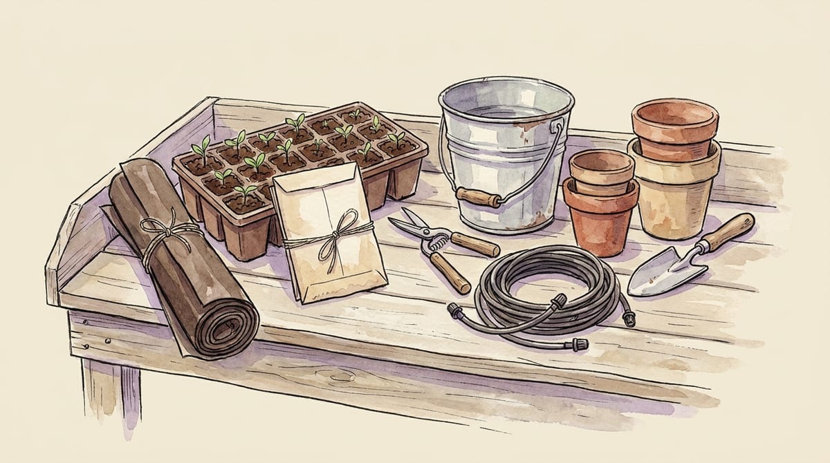 A startup-costs still life on a potting bench: a seed tray with soil blocks, a blank paper seed envelope, a roll of landscape fabric, snips, a galvanised bucket, coiled drip line and stacked terracotta pots
