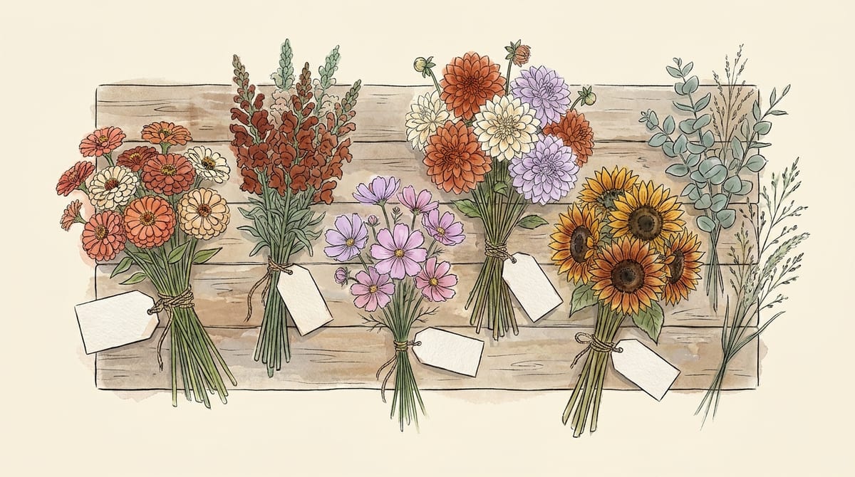 Cut flower varieties laid out in separate bunches on a weathered workbench, each tied with jute twine, with blank label cards beside them and eucalyptus and grasses as filler off to one side