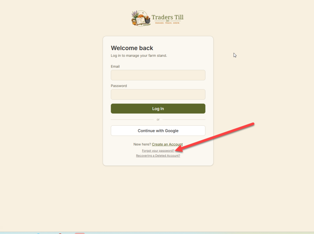 Traders Till Login screen with red arrow pointing to the "Forgot your password?" link.