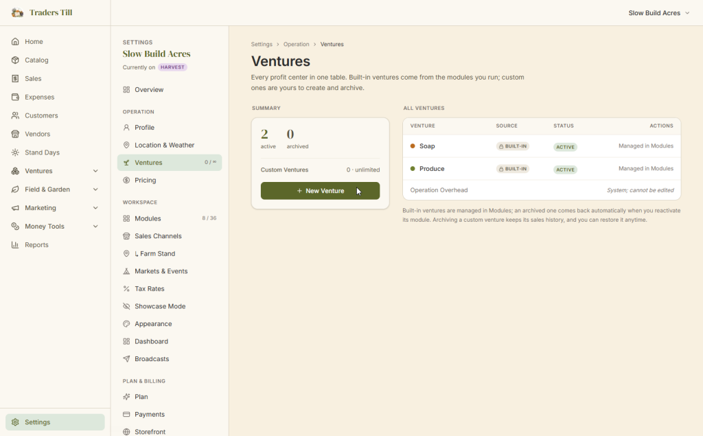 Traders Till screenshot showing the Ventures page located under settings