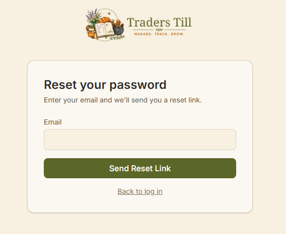 Traders Till Reset password screen with a form field for email and a button that says "Send Reset Link".