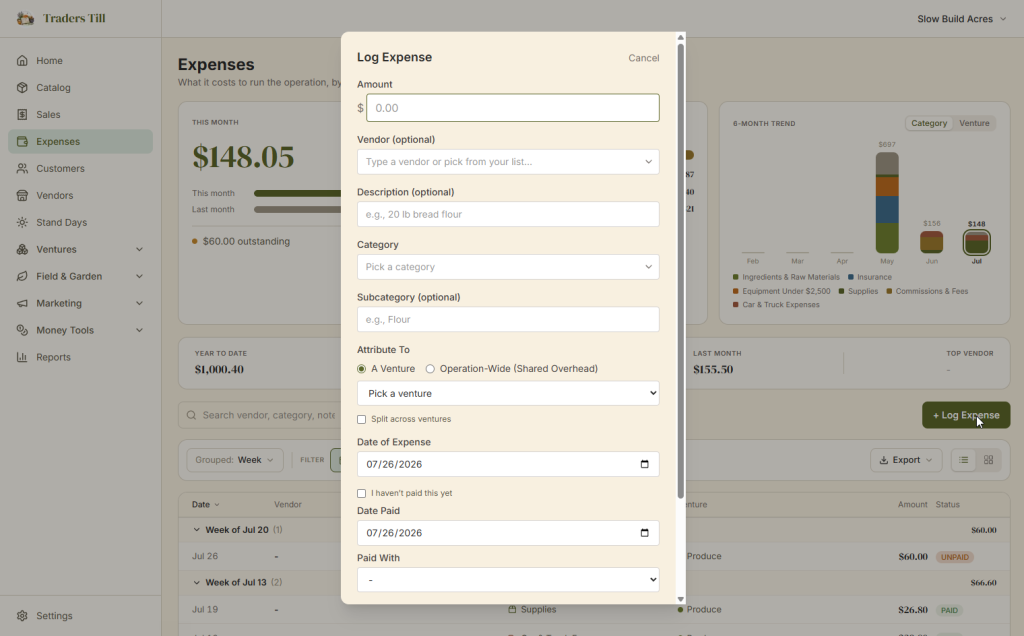 Screenshot of Traders Till showing the log expense window.