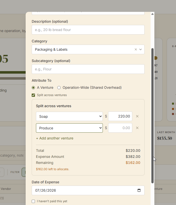 Screenshot of Traders Till expense window showing the detail of how you can split an expense across multiple ventures.