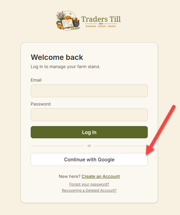 Traders Till Login Screen with red arrow pointing to "Continue with Google" option.