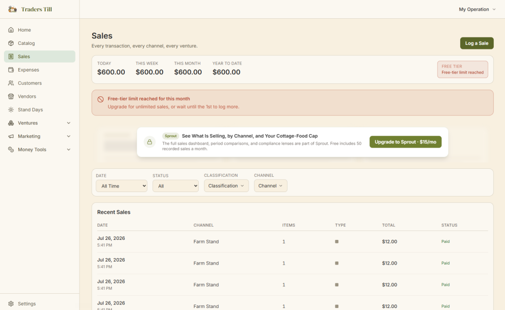 Screenshot of the sales page in Traders Till showing that the free cure limit has been reached 