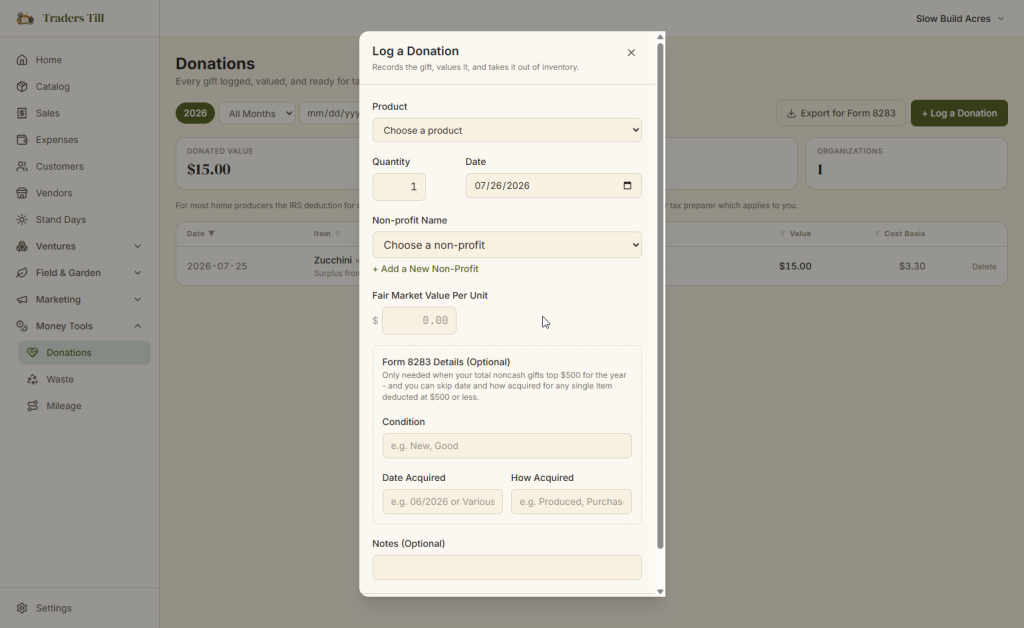 Dialog box showing how to log a donation in Traders Till.