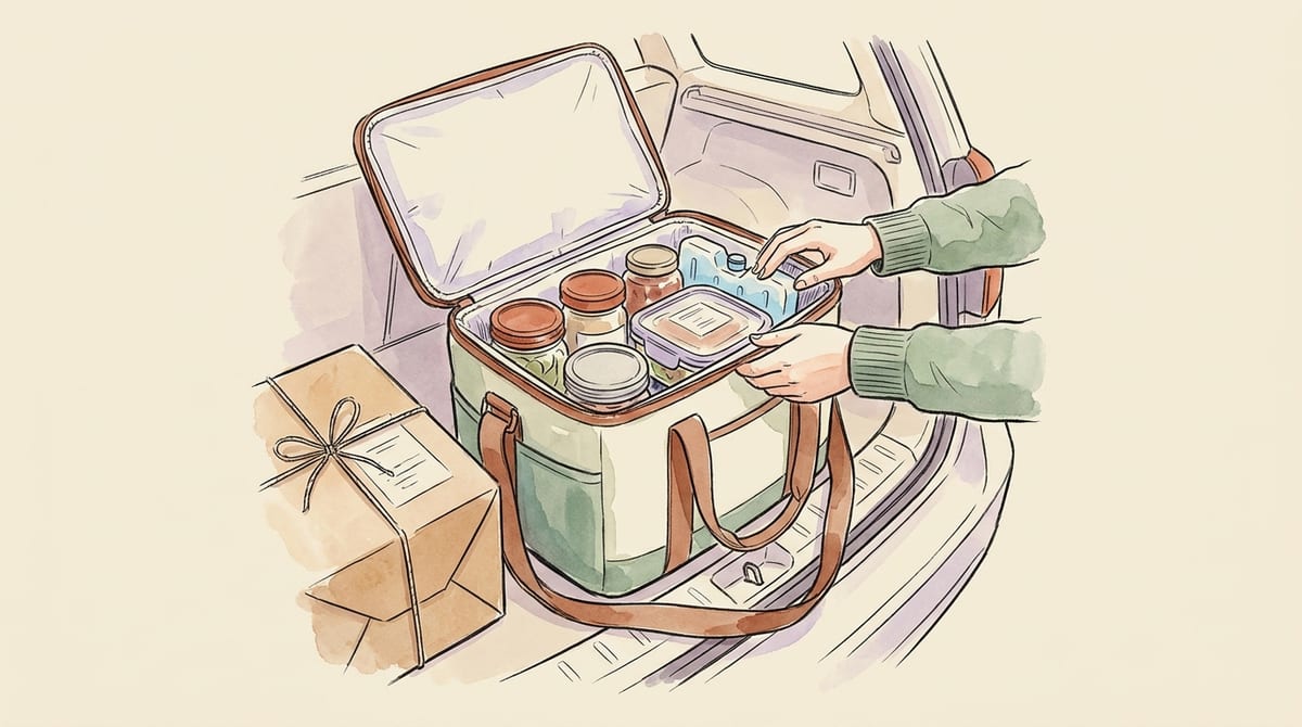 Insulated cooler bag open in a car trunk with jars and a sealed container packed among ice packs beside a delivery box