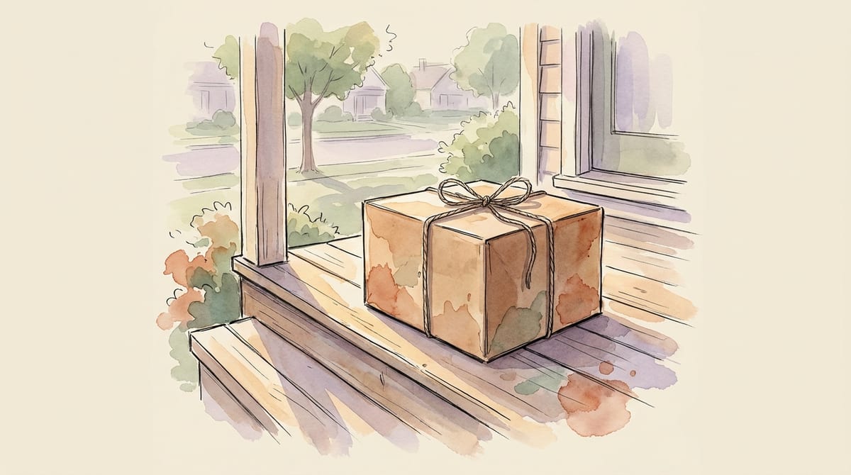 Single kraft delivery box tied with string sitting on a sunlit front porch step, delivery complete