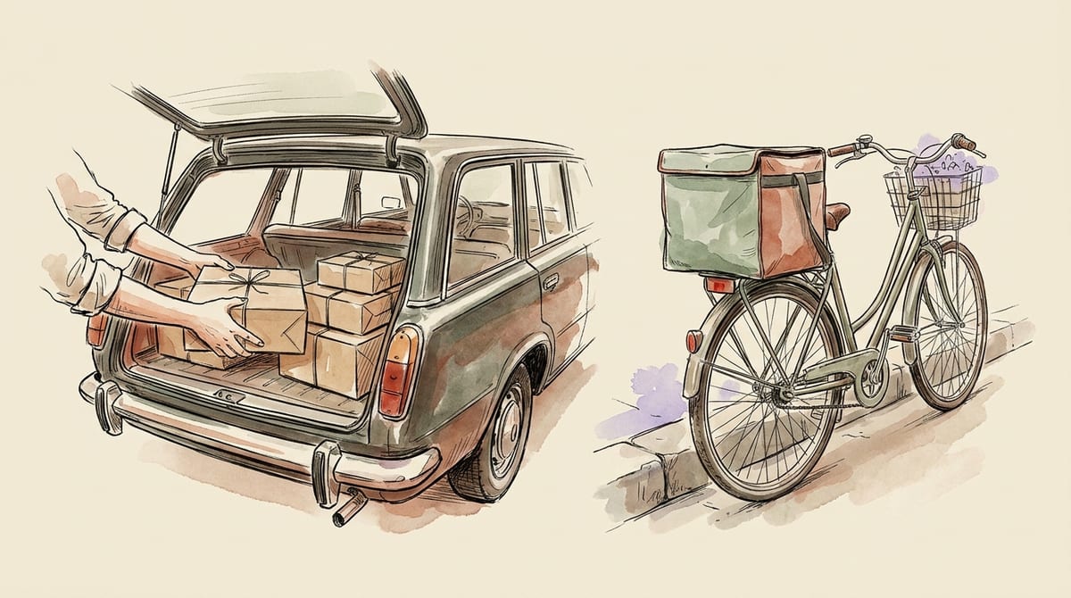 Side by side: hands loading a personal car trunk with delivery boxes next to an unbranded courier bag strapped to a bicycle