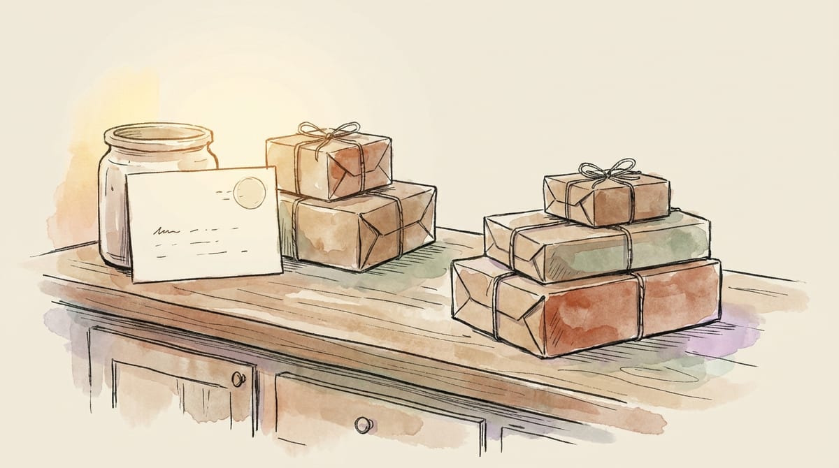 Kitchen counter with delivery boxes grouped into two neighborhood clusters next to a blank checklist card