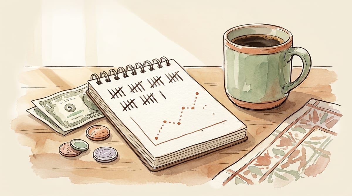 Notebook with hand-drawn tally marks and a dotted trend line beside coins and a cup of coffee