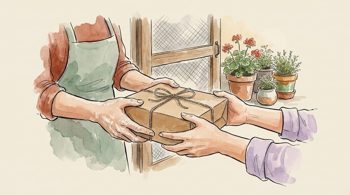 Baker handing a tied kraft bakery box to a customer at a front porch