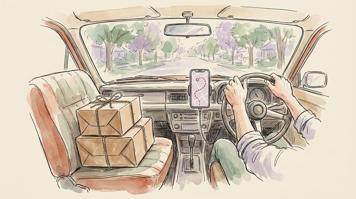 Car interior with delivery boxes on the passenger seat and a phone showing a simple dotted route on the dashboard