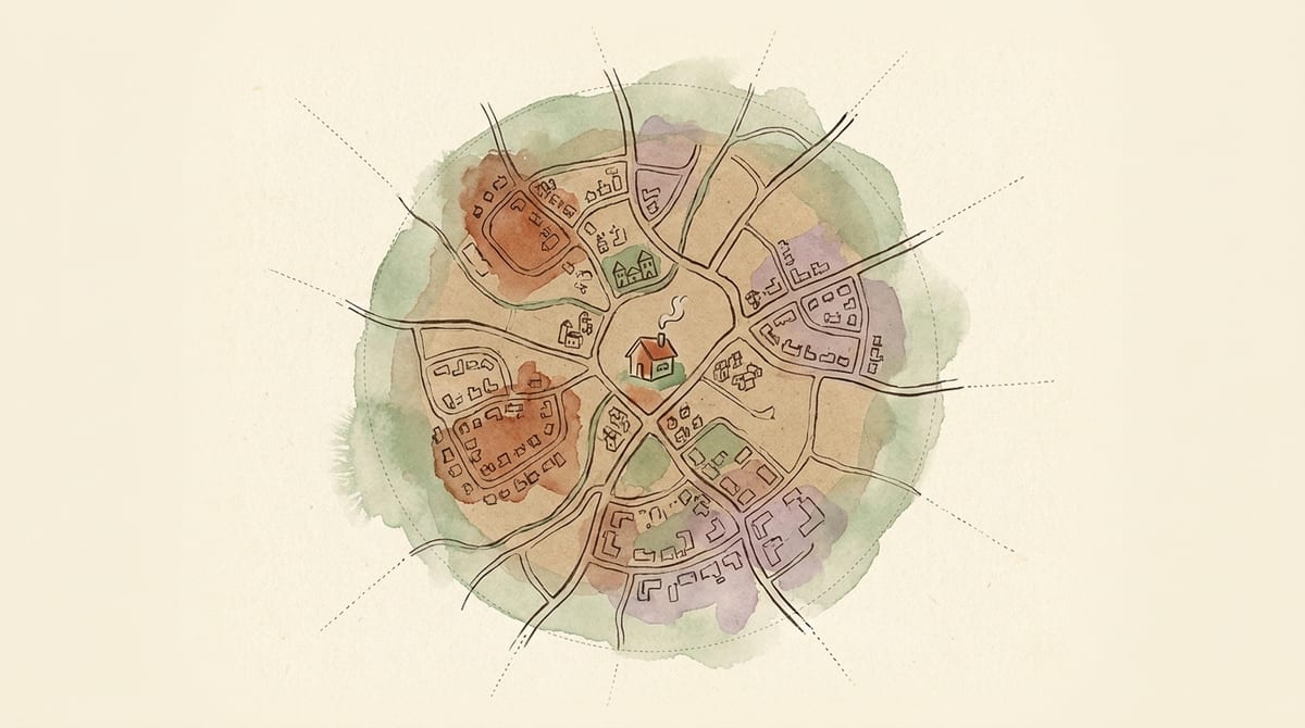 Hand-drawn town map with a circle around a home bakery marking its local delivery zone