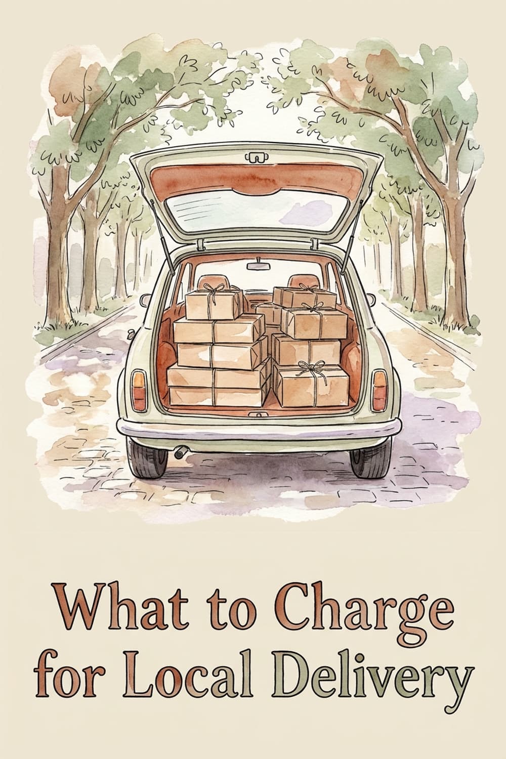 Pinterest pin reading What to Charge for Local Delivery above a car packed with bakery delivery boxes