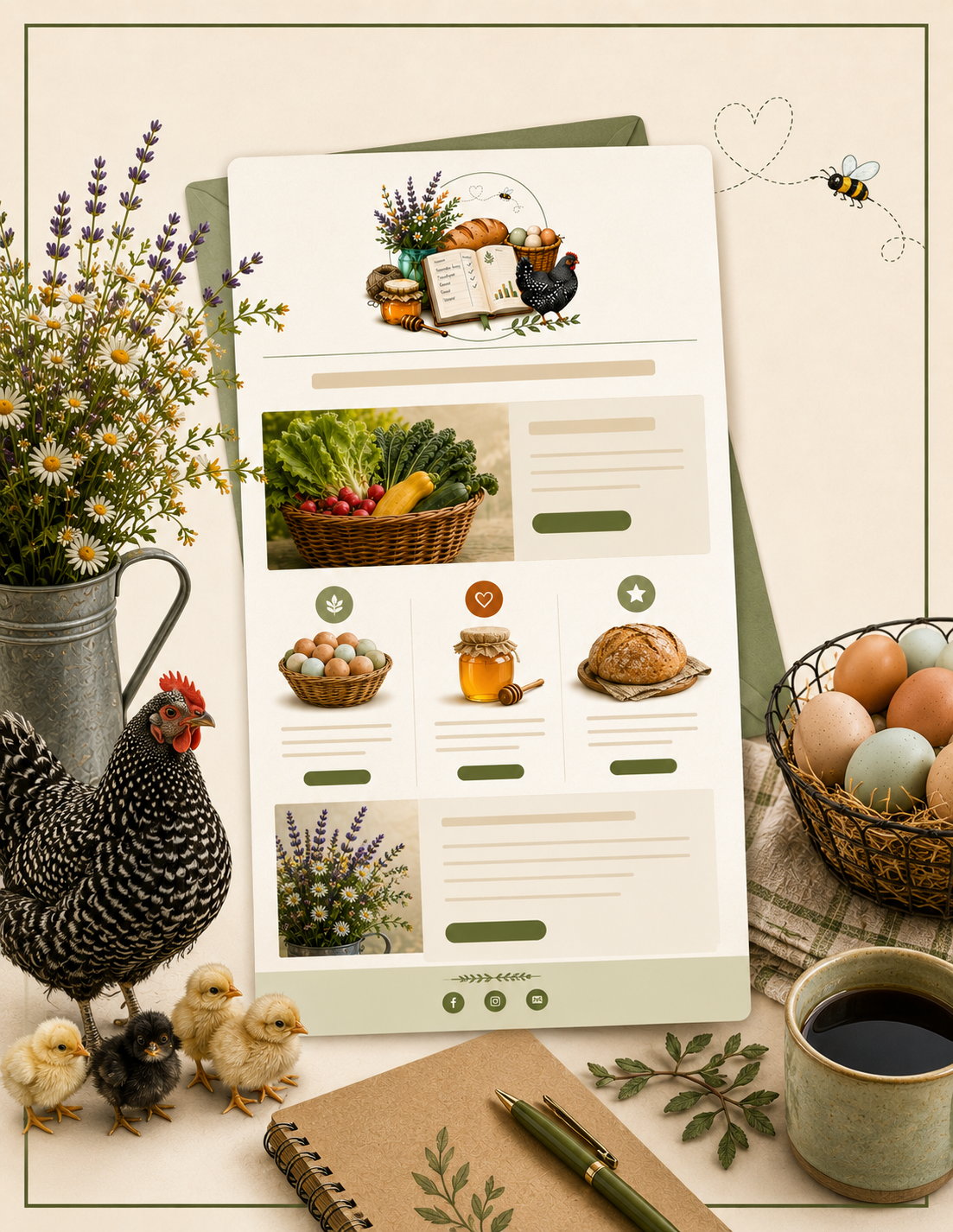 A recent Traders Till newsletter laid out among lavender, fresh eggs, bread and a hen