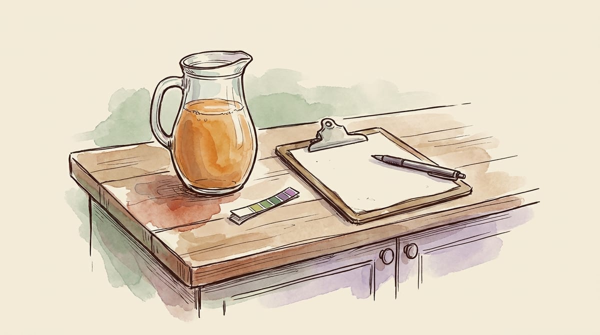 A glass jug of homemade drink beside a pH test strip and a blank clipboard on a kitchen counter