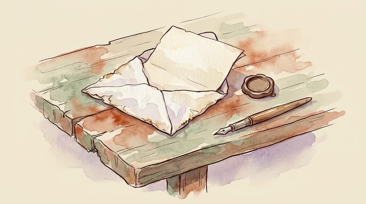 A hand-written blank letter half out of an open envelope beside a wax seal and a fountain pen on a wooden table