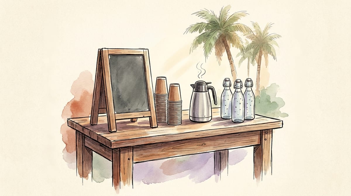 A blank chalkboard easel beside a coffee carafe and sealed bottles of water with stacked cups on a farm stand table