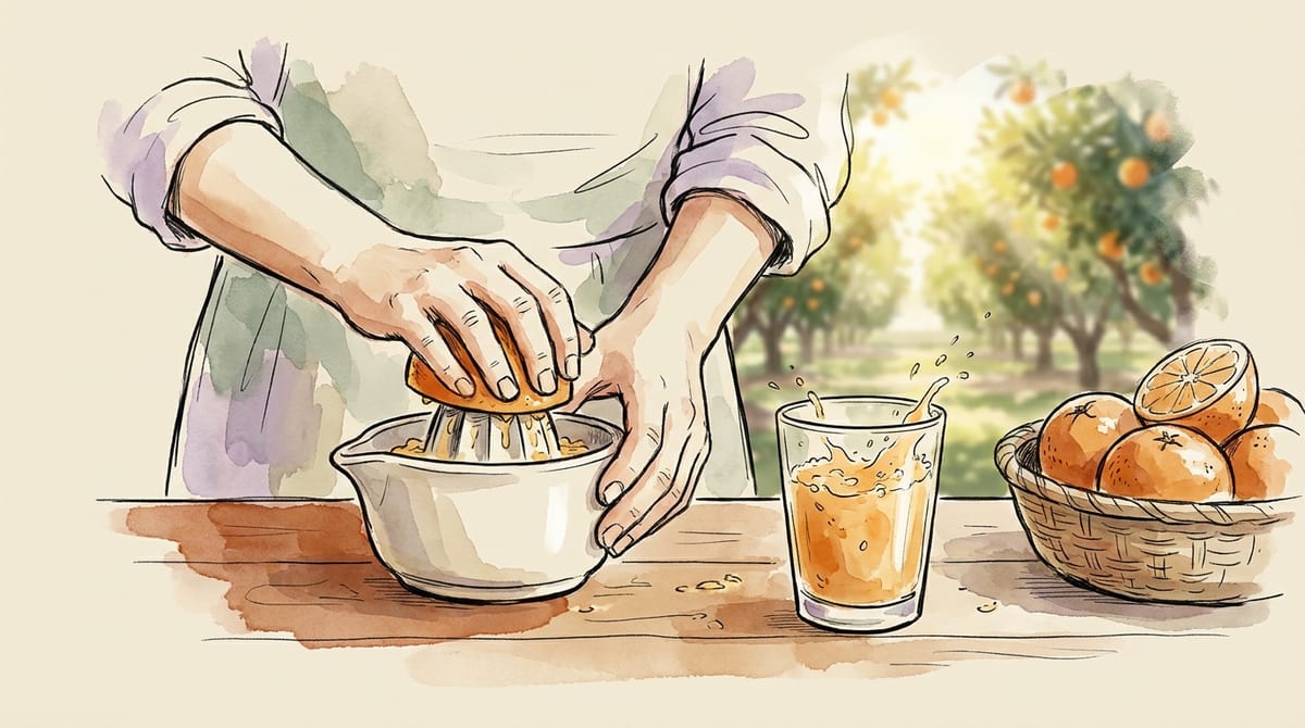 Hands squeezing fresh oranges into a glass at an outdoor table with a citrus grove in the background