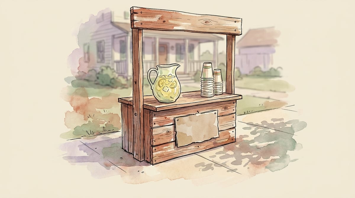 A small handmade wooden lemonade stand at child height on a sunny sidewalk with a pitcher, cups, and a blank sign