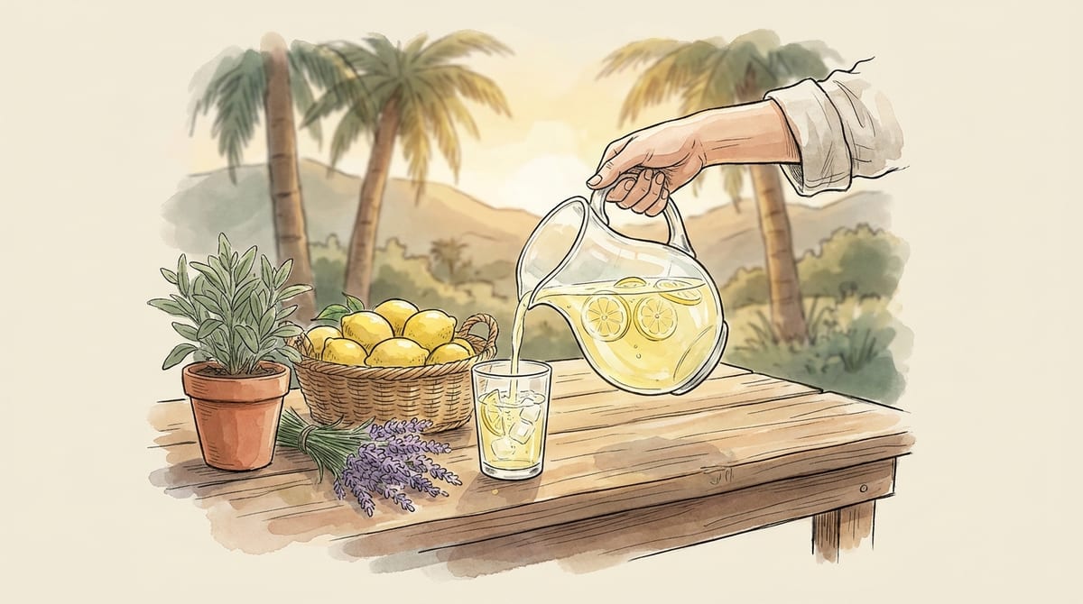 A hand pouring fresh lemonade with lemon slices from a glass pitcher into a clear glass at an outdoor farm stand table