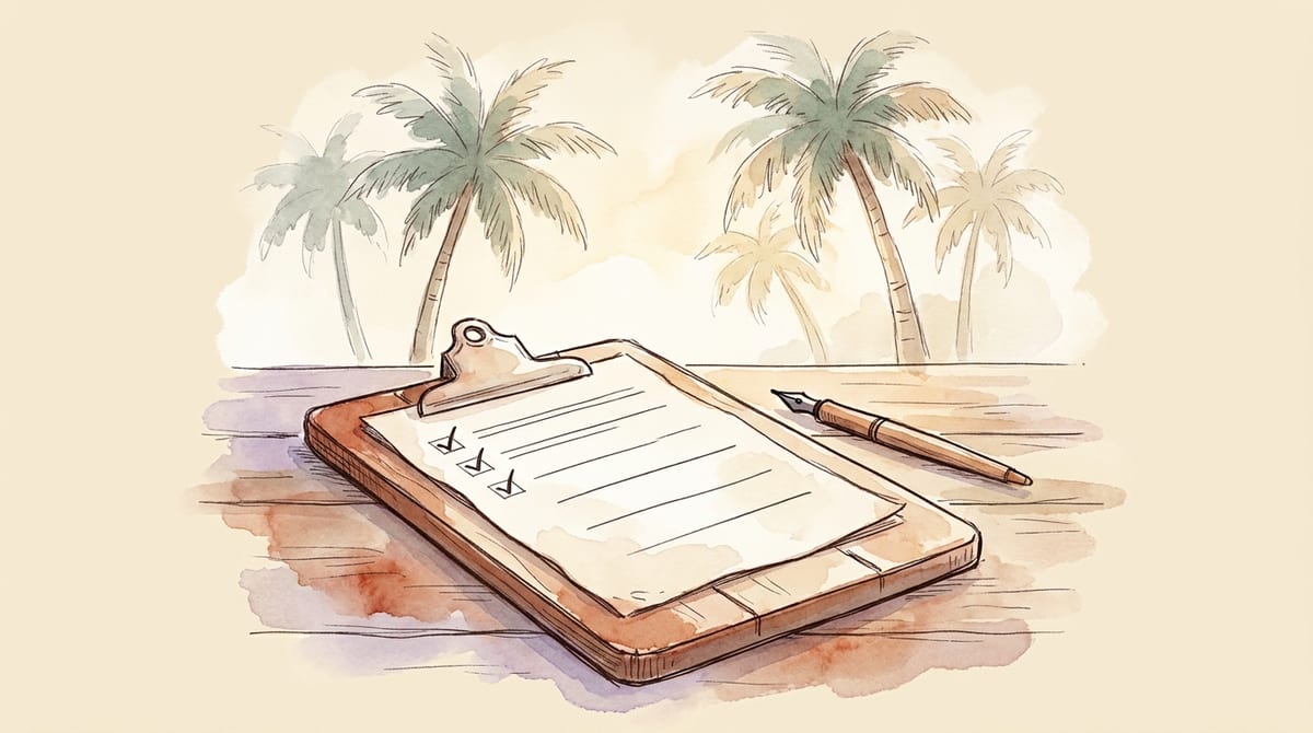 A clipboard on a farm stand table with a simple checklist of blank lines, a few marked with hand-drawn checkmarks, and a pen resting beside it