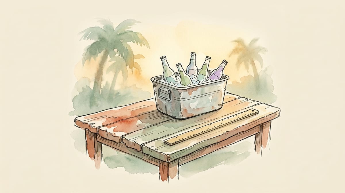 A small metal cooler of sealed bottled drinks on a short stretch of farm stand table with a plain wooden yardstick along the edge