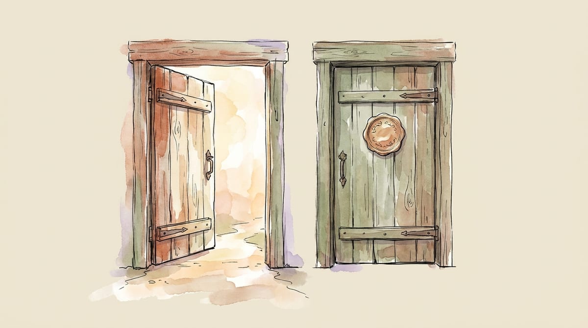 Two rustic wooden doors side by side, one open and plain, the other closed with a small blank official seal