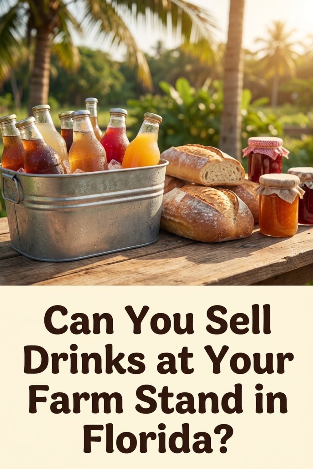 Pinterest pin reading Can You Sell Drinks at Your Farm Stand in Florida above a cooler of bottled drinks beside bread and jam