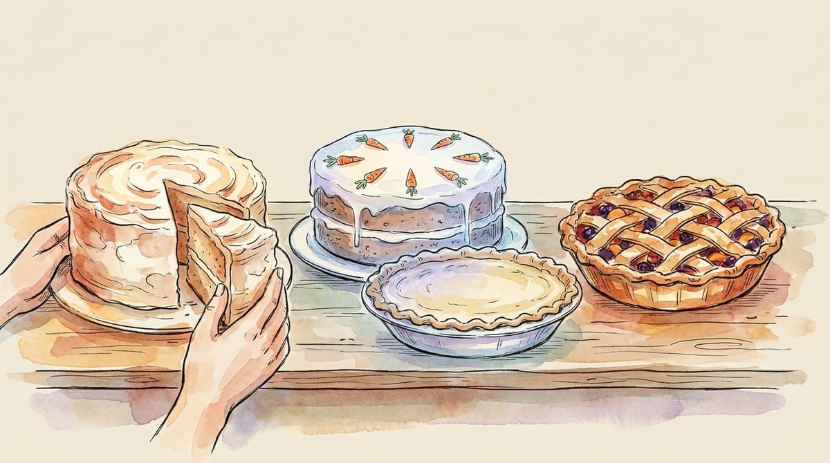 Buttercream cake in warm light beside a cream-cheese carrot cake and custard pie with a cool refrigerated cast, and a golden fruit pie