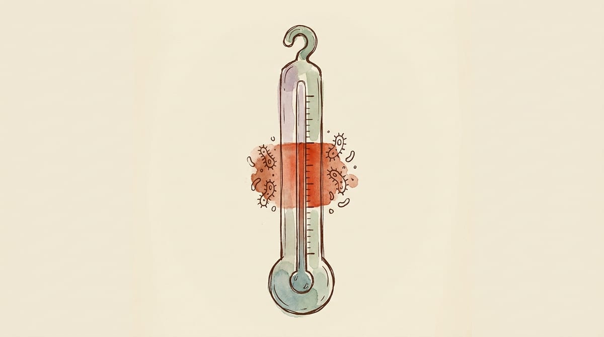 Vintage kitchen thermometer with the middle temperature band highlighted to show the food safety danger zone