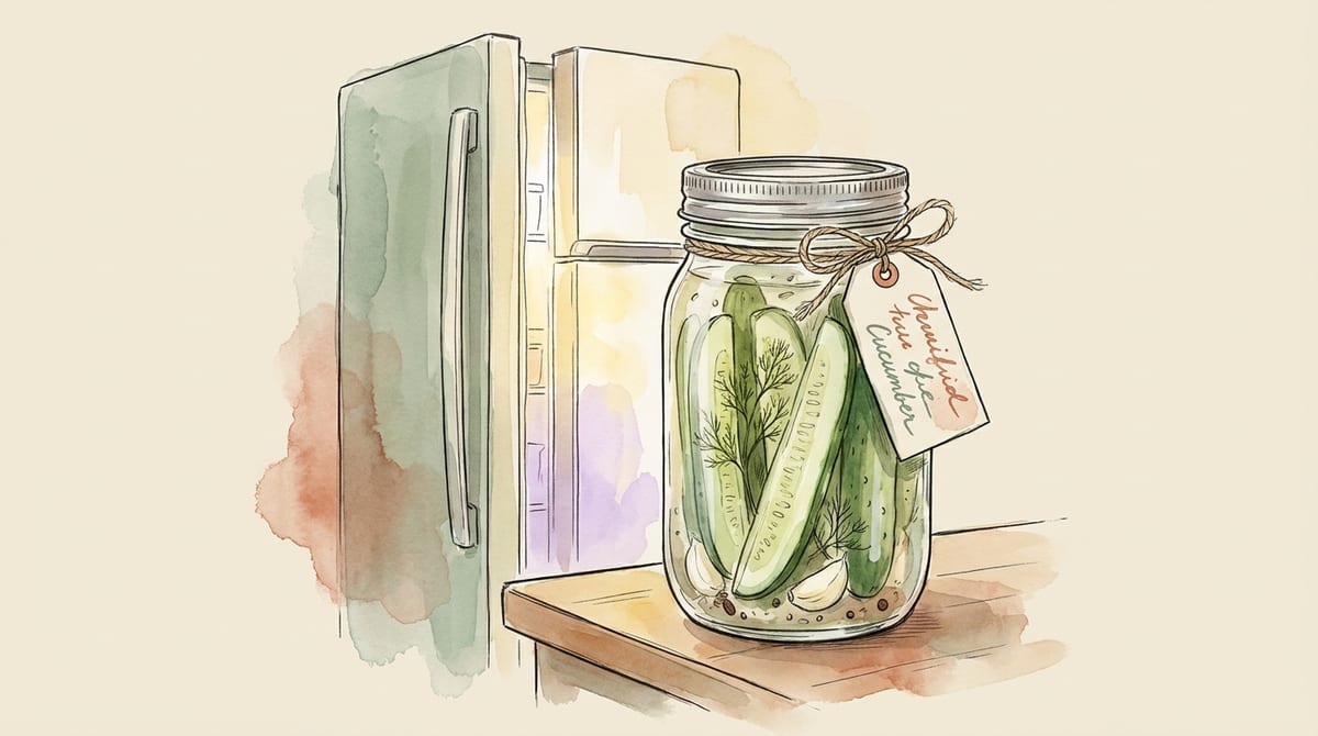 Jar of refrigerated pickles with an official permit tag tied to the lid, in front of a home refrigerator