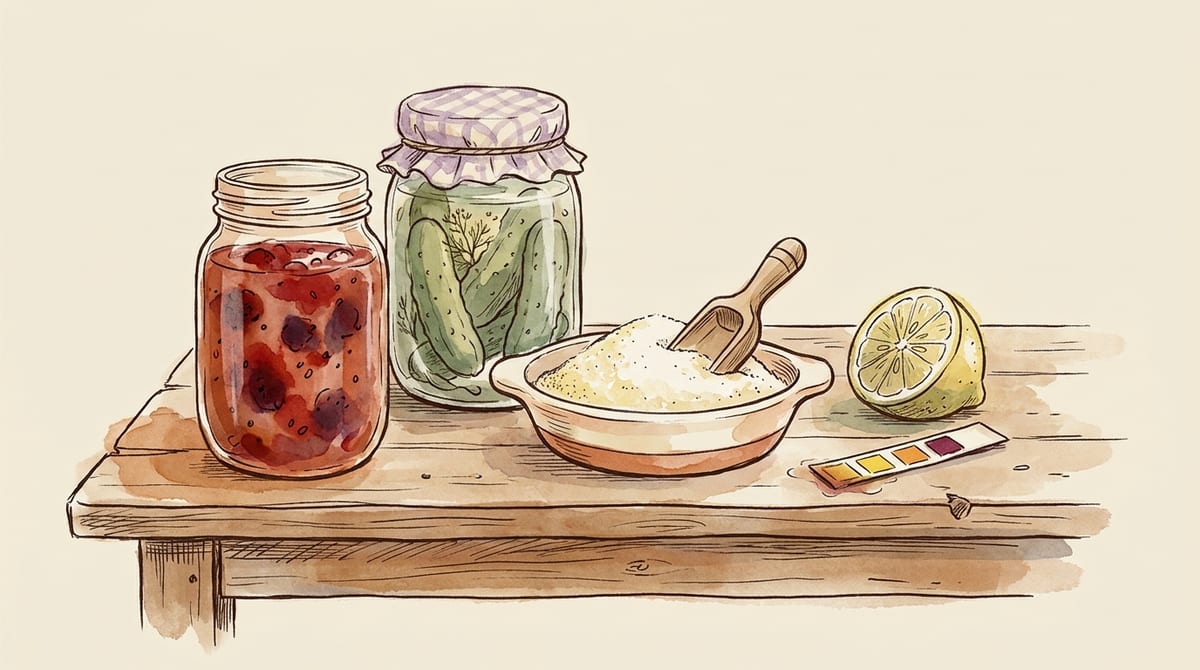 Jam jar, pickle jar, dish of sugar, and a pH test strip on a wooden farm table