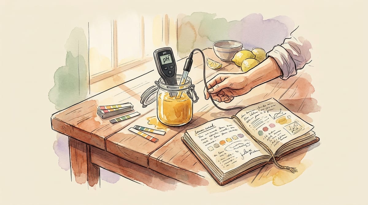 Digital pH meter with its probe in a jar of lemon curd, test strips and a notebook beside it on a farm table