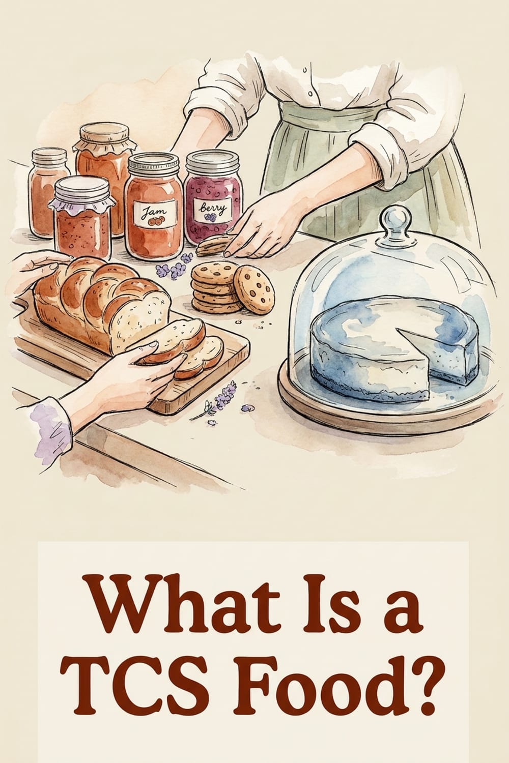 Pinterest pin asking What Is a TCS Food? above a kitchen scene of shelf-stable and refrigerated foods