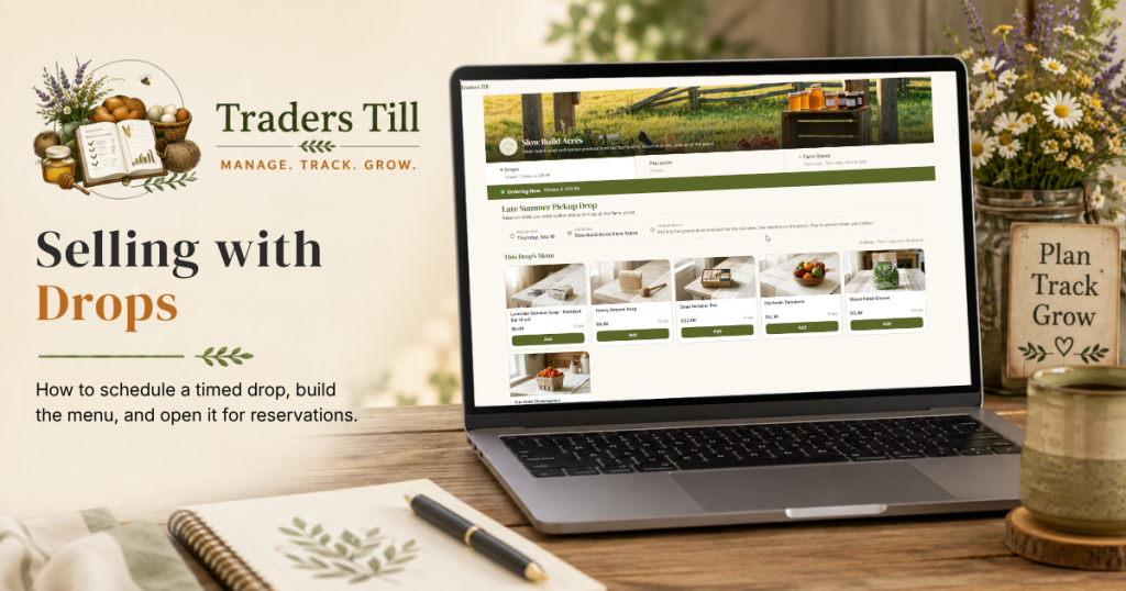 Thumbnail image showing laptop with Screen showing the public facing drops screen in Trader's Till. Background elements include a logbook, cup of coffee, and the Traders Till logo.