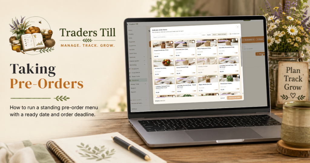 Thumbnail image showing laptop with Screen showing the add a product form for preorders in Trader's Till. Background elements include a logbook, cup of coffee, and the Traders Till logo.