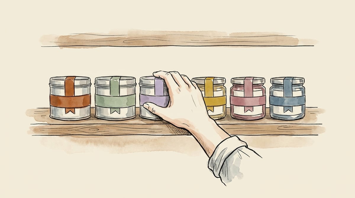 A tidy row of small labeled tins and jars on a wooden shelf, each wrapped with a different color ribbon