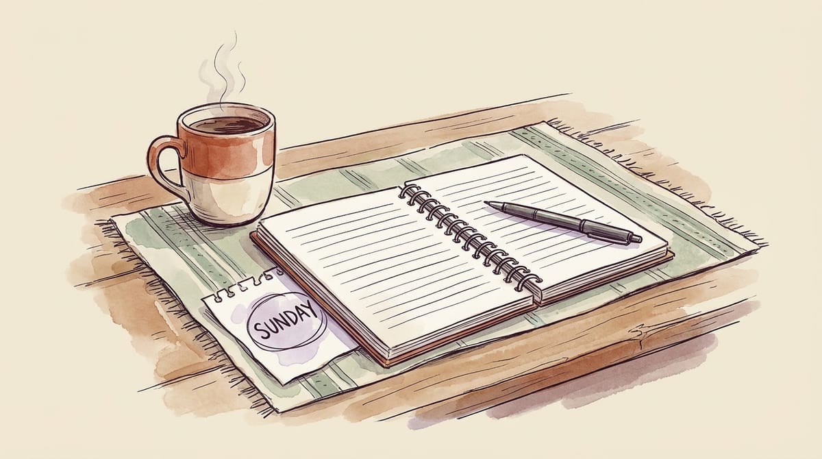 An open spiral notebook on a farmhouse table with a pen resting across the page and a mug of coffee beside it