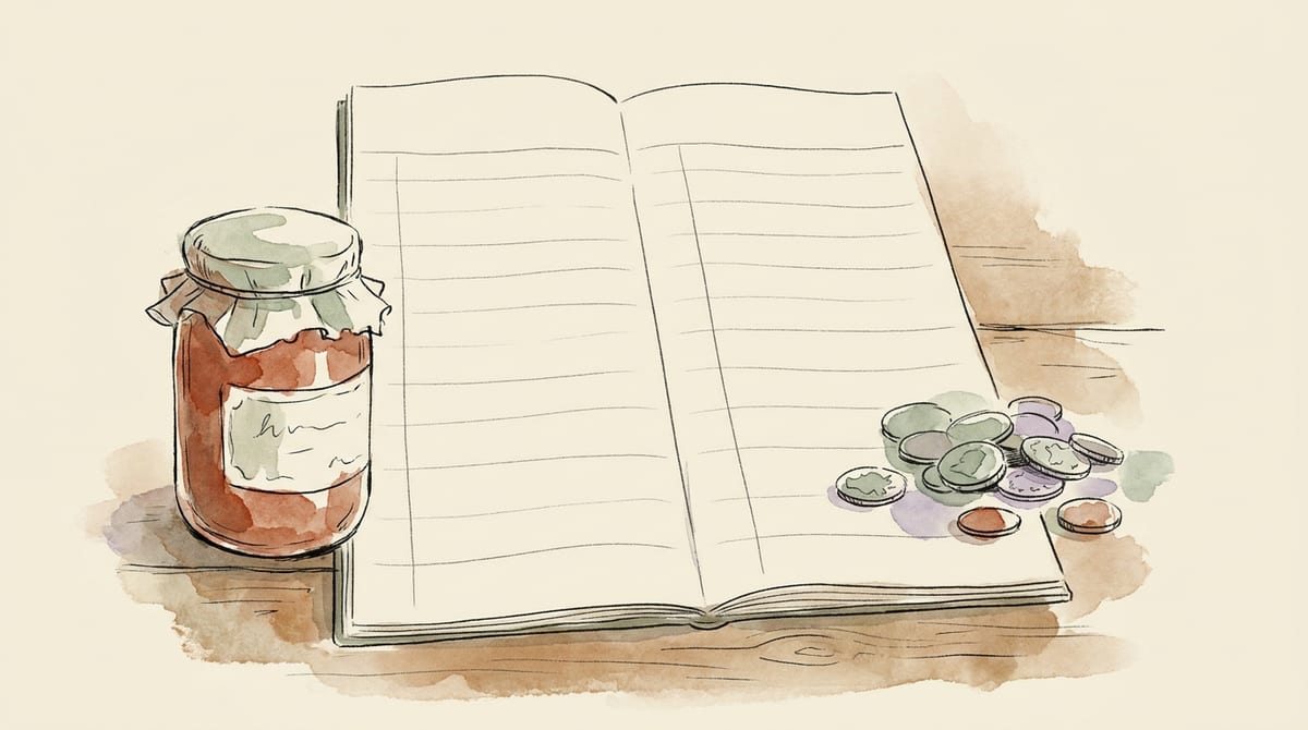 A simple open ledger notebook ruled into two blank columns, a jar of jam on one side of the page and a few coins on the other