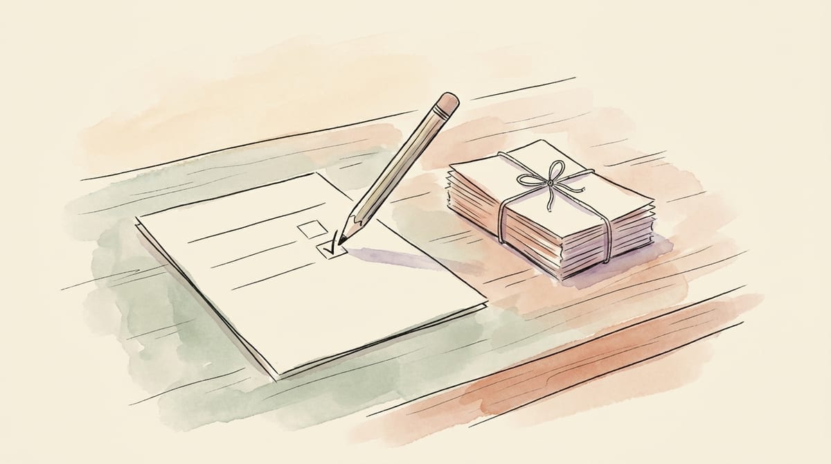 A calm desk scene with a simple tax form and a neat stack of receipts beside it, a pencil resting mid-checkmark on the form