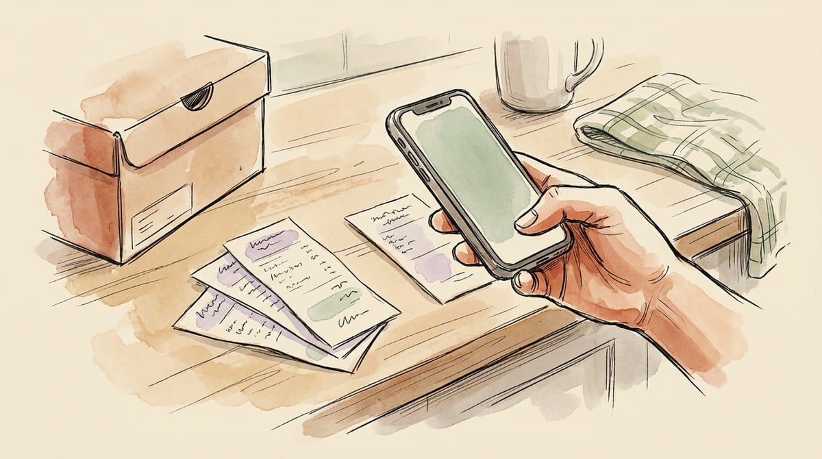 A hand holding a phone up to photograph a small paper receipt on a kitchen counter, with a few more receipts fanned out nearby