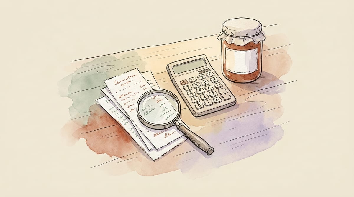 A magnifying glass over a small stack of receipts and a calculator on a kitchen counter, next to a jar of jam