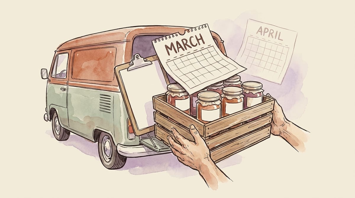 A crate of jam jars being loaded into a delivery van with a March calendar page on top, hinting the payment for the order arrives later