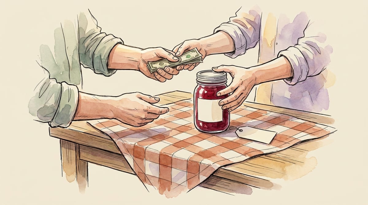 A hand passing cash to another hand in exchange for a jar of jam at a farm-stand table, captured mid-trade