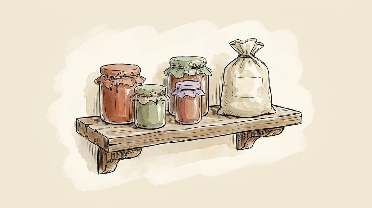 A single small kitchen shelf holding a modest handful of jam jars and a cloth sack of flour, a home pantry shelf rather than a warehouse rack