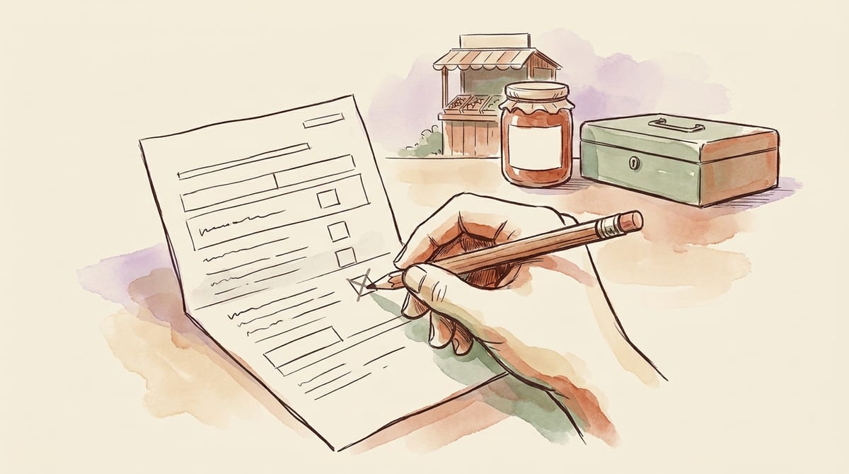 A hand checking a single box on a simple tax form with a farm stand in soft focus in the background